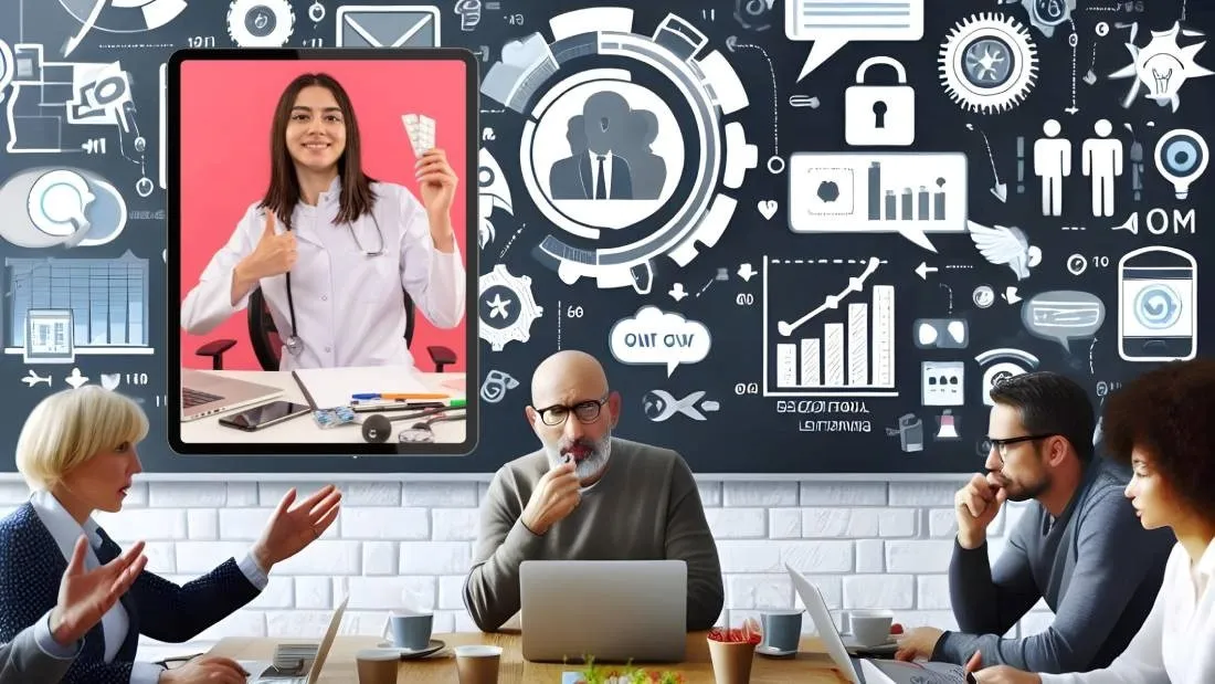 a group of people sitting at a table with laptops and a woman holding pills